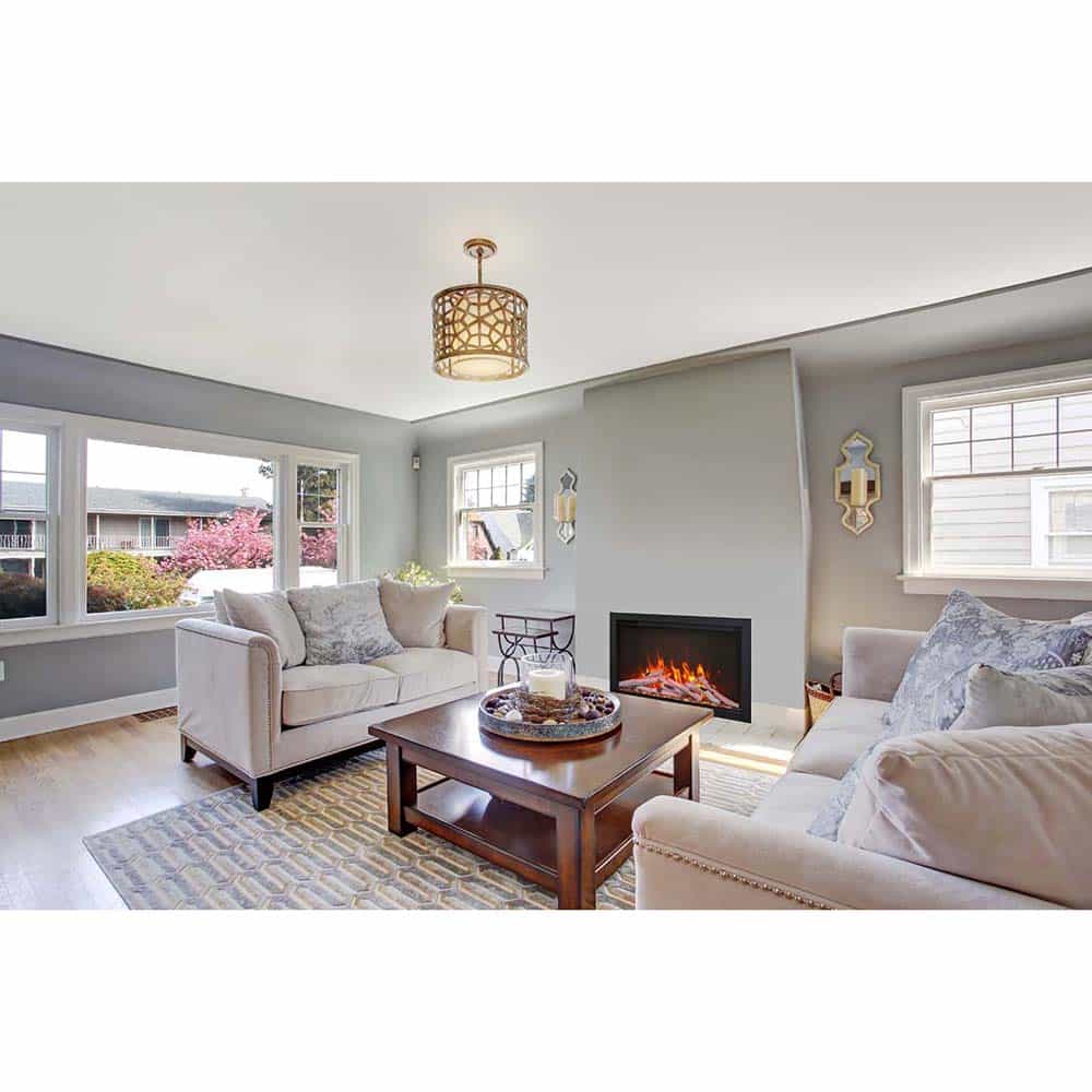 Light grey living room with white sofas and fireplace